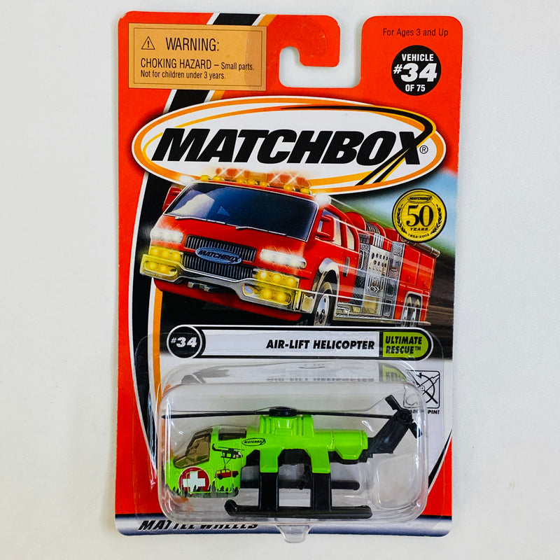 2002 Matchbox 50th Anniversary Ultimate Rescue Air Lift Helicopter Sikorsky verde con Hélices Rotativas y Gancho Retráctil