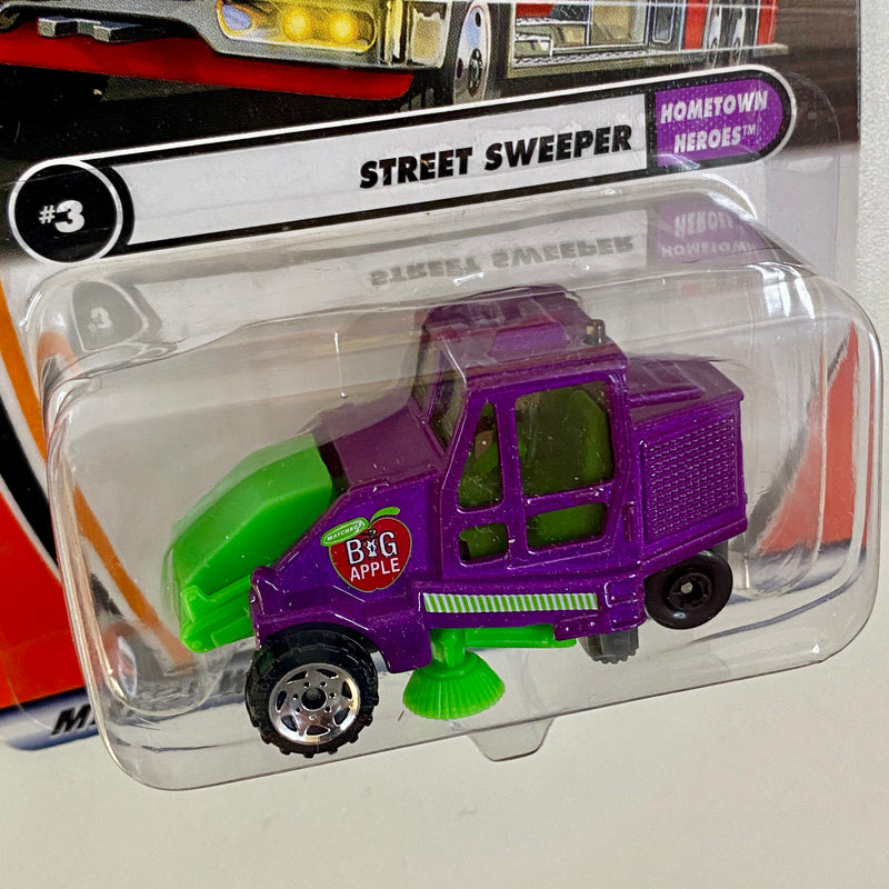 2002 Matchbox 50th Anniversary Hometown Heroes Elgin Pelican Street Sweeper morado metálico con Tolva Móvil