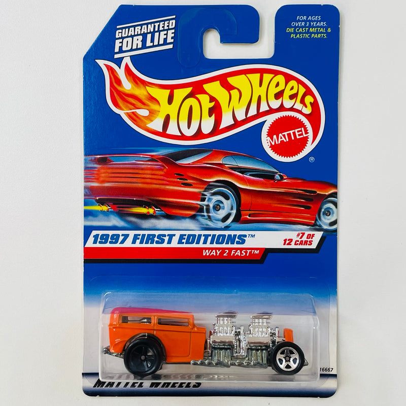 1997 Hot Wheels ERROR de FÁBRICA First Editions Way 2 Fast naranja 5SP base ZAMAC de Tailandia - Llantas de distinto color