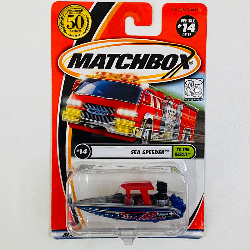2002 Matchbox 50th Anniversary To The Rescue Sea Speeder gris con azul metálico con Radar Giratorio