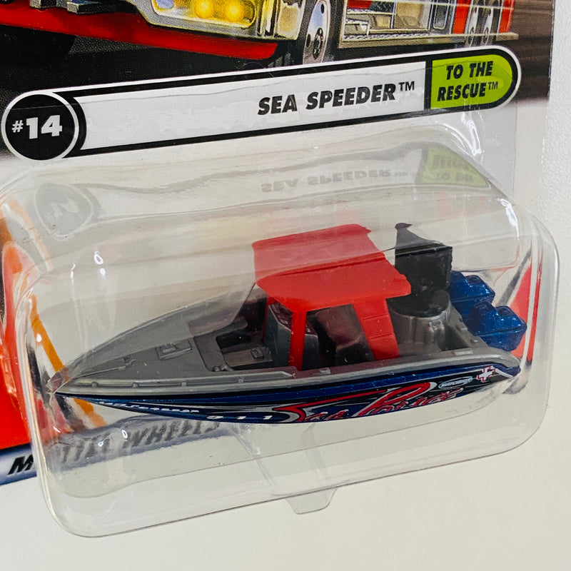 2002 Matchbox 50th Anniversary To The Rescue Sea Speeder gris con azul metálico con Radar Giratorio