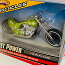 2008 Hot Wheels Motorcycles 1:18 Street Power Twin Flame verde metálico con flamas - Escala 1:18
