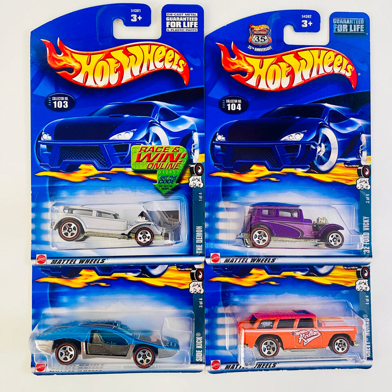 2002 Hot Wheels Red Lines Series Colección Set de 4 - 32 Ford Lil' Coffin The Demon, Classic 32 Ford Vicky, Side Kick, Chevy Nomad