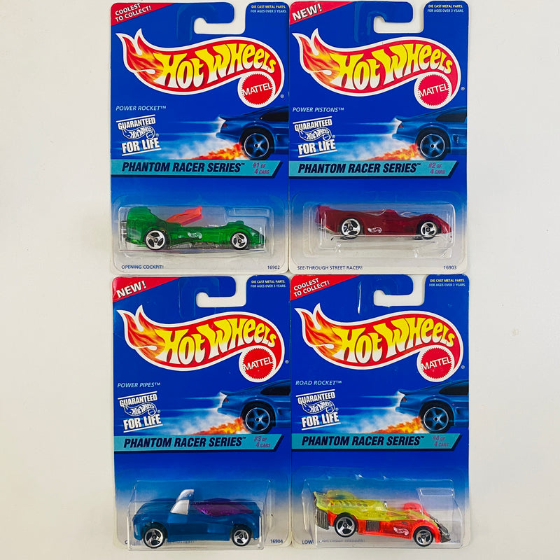 1997 Hot Wheels Phantom Racer Series Colección Set de 4 - Power Rocket, Power Pistons, Power Pipes, Road Rocket