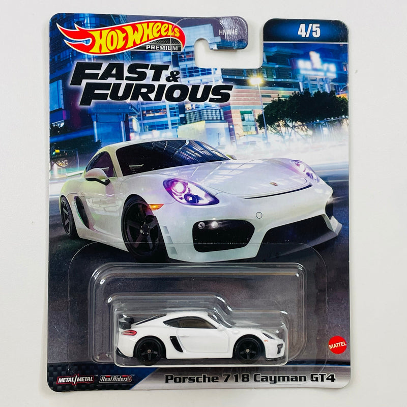 2023 Hot Wheels Premium Fast & Furious Rápidos y Furiosos Porsche 718 Cayman GT4 blanco Llantas de Goma RR