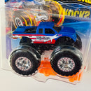 2025 Hot Wheels Monster Trucks Leading Legends Bigfoot 1974 Ford F-250 pickup azul MT con Auto Aplastable
