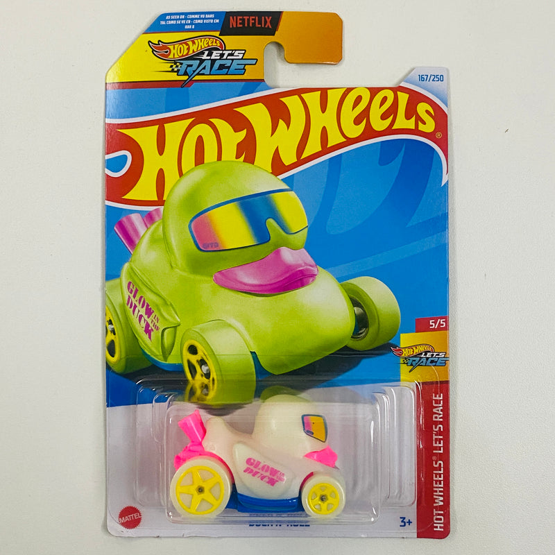 2024 Hot Wheels Let's Race NETFLIX Duck N Roll blanco 5SP Glow in the Dark - Brilla en la Oscuridad