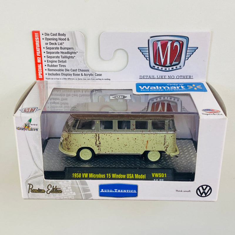 2014 M2 Machines Auto-Thentics Limited Edition Walmart Exclusive Volkswagen 1958 VW Microbus 15 Window USA Model VWS01 beige con gris Llantas de Goma