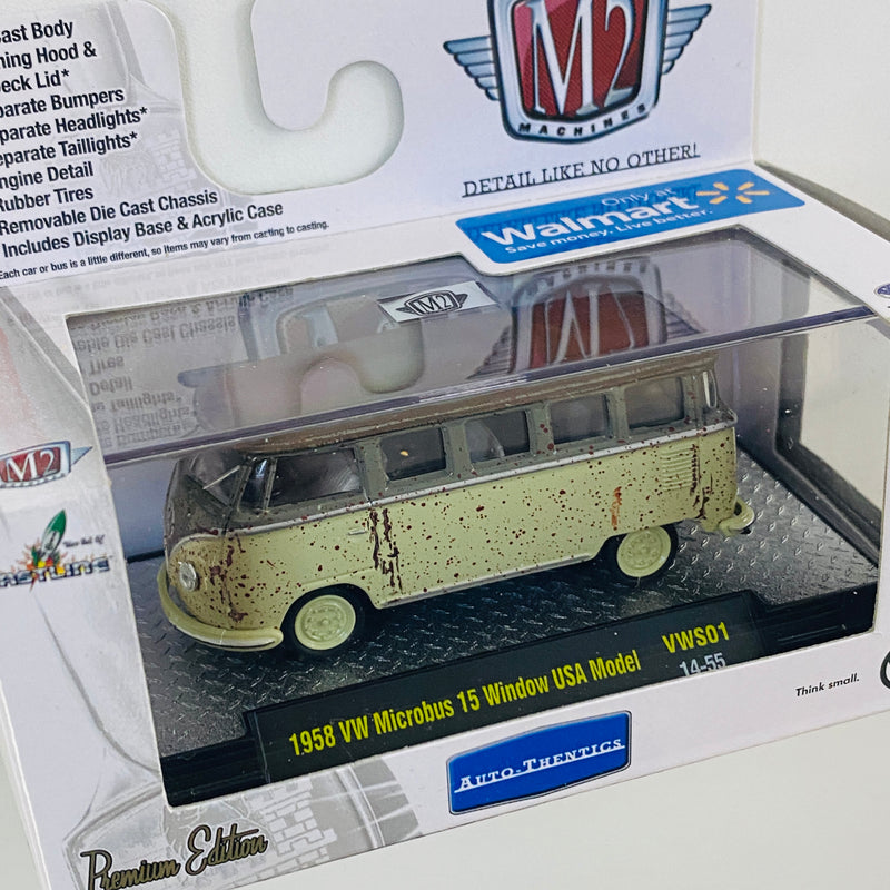 2014 M2 Machines Auto-Thentics Limited Edition Walmart Exclusive Volkswagen 1958 VW Microbus 15 Window USA Model VWS01 beige con gris Llantas de Goma