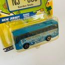 2002 Matchbox Across America 50th Birthday Series New Jersey Ikarus Coach azul - Incluye Placa de Auto
