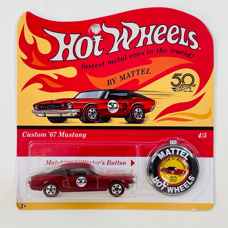 2018 Hot Wheels 50th Anniversary Originals Custom 67 Ford Mustang rojo spectraflame Redline RL base ZAMAC