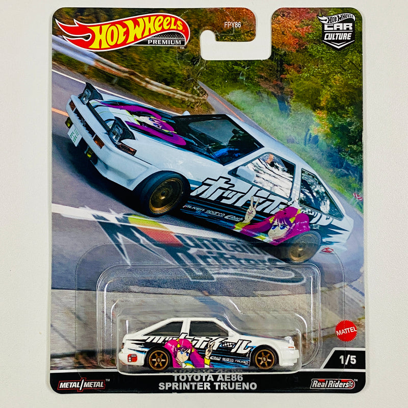 2022 Hot Wheels Premium Car Culture Mountain Drifters Anime Itasha Toyota AE86 Sprinter Trueno blanco Llantas de Goma RR