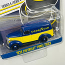 2017 Greenlight Running on Empty Goodyear 1939 Chevrolet Panel Truck amarillo con azul Llantas de Goma