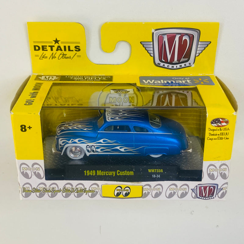 2018 M2 Machines Mooneyes Limited Edition 1/7,800 Walmart Exclusive 1949 Mercury Custom WMTS08 azul con flamas Llantas de Goma