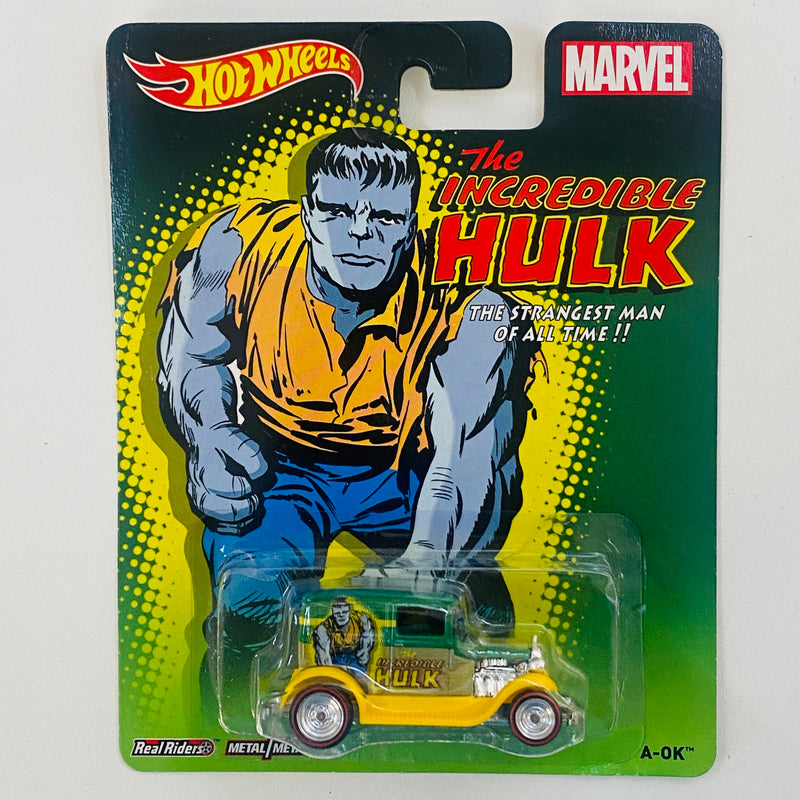 2014 Hot Wheels Premium Pop Culture Marvel Hulk A-OK Ford Model A verde Llantas de Goma RR Redline base ZAMAC - Detalle Burbuja