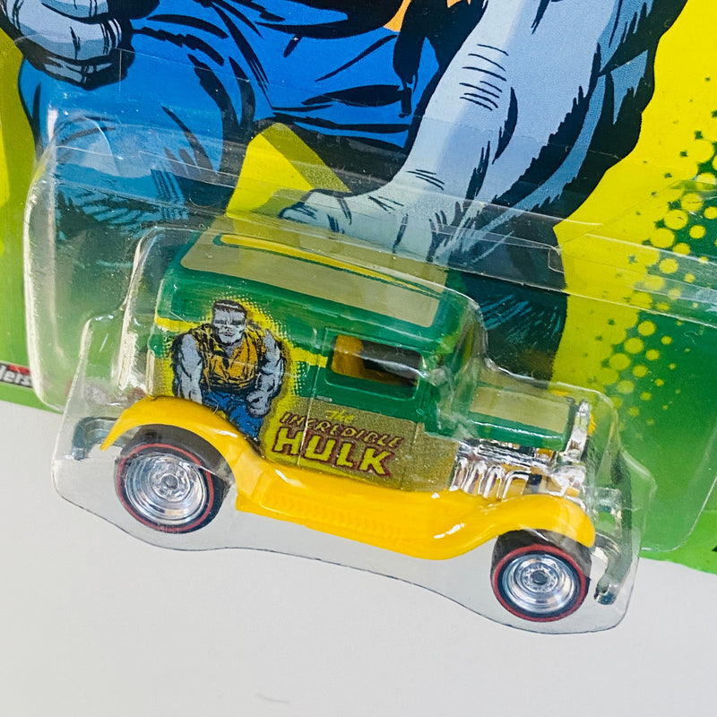 2014 Hot Wheels Premium Pop Culture Marvel Hulk A-OK Ford Model A verde Llantas de Goma RR Redline base ZAMAC - Detalle Burbuja