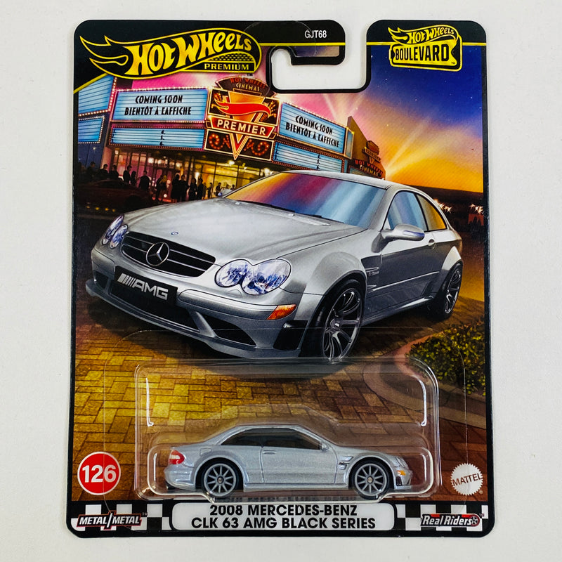2025 Hot Wheels Premium Boulevard 2008 Mercedes Benz CLK 63 AMG Black Series plata metálico Llantas de Goma RR Primera Edición