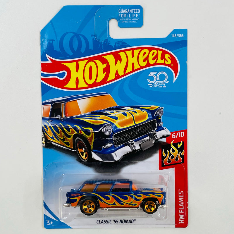 2018 Hot Wheels HW Flames Classic 55 Chevy Nomad azul con flamas 5SP