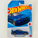 2026 Hot Wheels HW J-Imports Nissan Skyline GT-R BNR34 azul metálico 6SP - Detalle Tarjeta