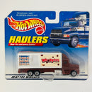 1998 Hot Wheels Haulers Whoppers Box Truck Hauler Camión de Carga marrón con blanco 7SP Primera Edición