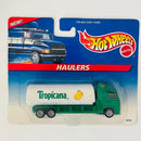 1997 Hot Wheels Haulers Tropicana Cabover Tank Truck Camión Cisterna verde con blanco 7SP Primera Edición