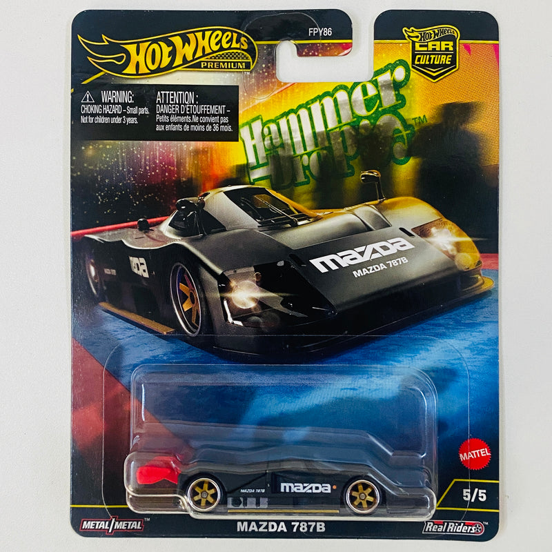 2025 Hot Wheels Premium Car Culture Hammer Drop Mazda 787B negro Llantas de Goma RR