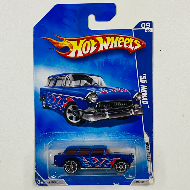 2009 Hot Wheels Heat Fleet 55 Nomad Chevrolet azul con flamas OH5 base ZAMAC