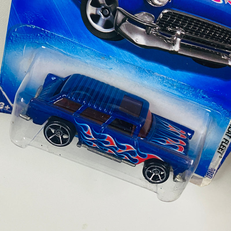 2009 Hot Wheels Heat Fleet 55 Nomad Chevrolet azul con flamas OH5 base ZAMAC