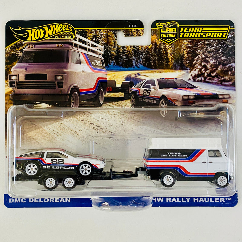 2025 Hot Wheels Premium Car Culture Team Transport DMC DeLorean en Trailer y HW Rally Hauler con Llantas de Goma RR