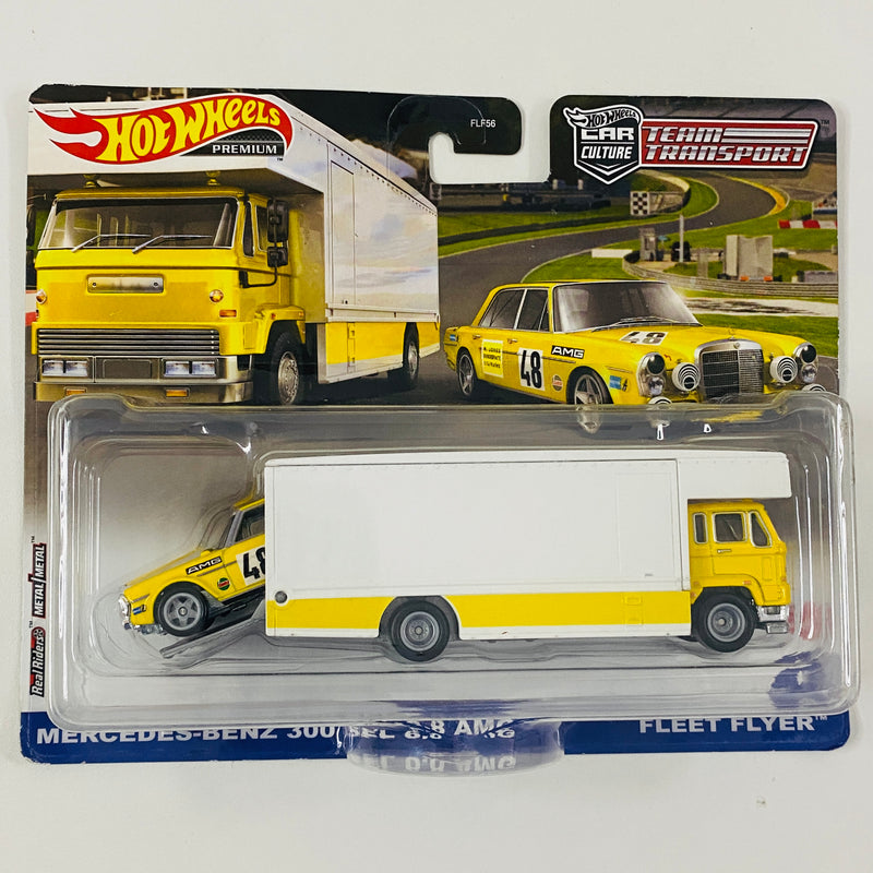 2022 Hot Wheels Premium Car Culture Team Transport Mercedes Benz 300 SEL 6.8 AMG y camión Fleet Flyer con Llantas de Goma RR