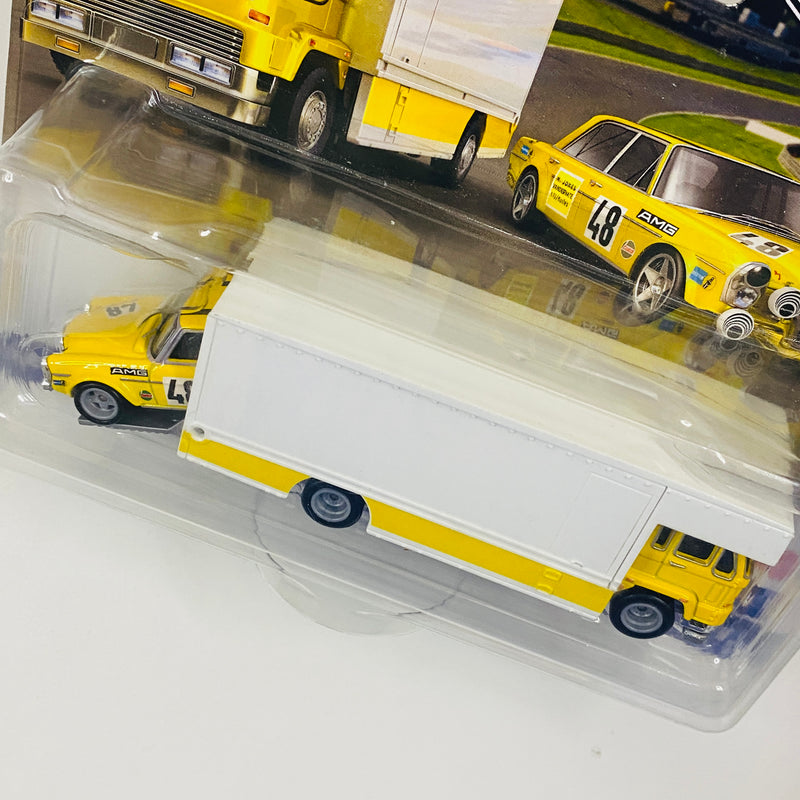 2022 Hot Wheels Premium Car Culture Team Transport Mercedes Benz 300 SEL 6.8 AMG y camión Fleet Flyer con Llantas de Goma RR