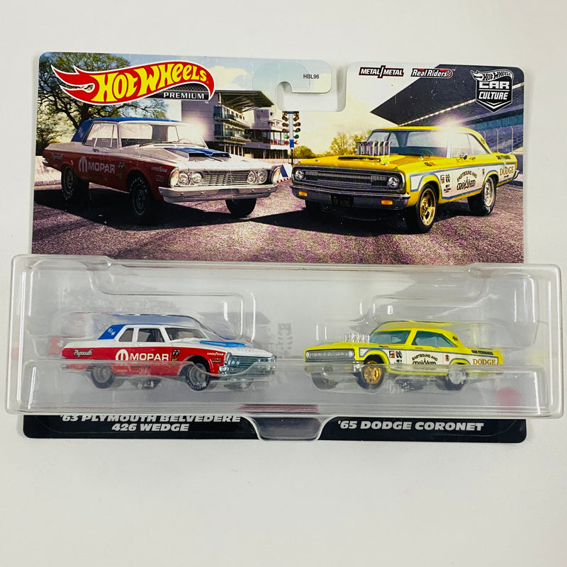 2023 Hot Wheels Premium Car Culture Classic Muscle 2 Pack Set de 2 - 63 Plymouth Belvedere 426 Wedge y 65 Dodge Coronet con Llantas de Goma RR