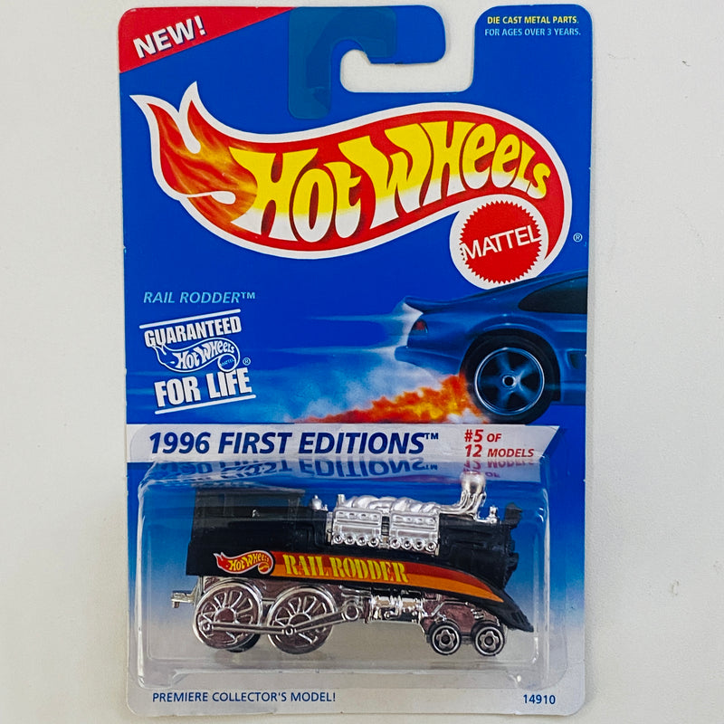 1996 Hot Wheels First Editions Rail Rodder negro con Motor Cromado 5SP con MGW base ZAMAC de Malasia Primera Edición - Detalle Burbuja