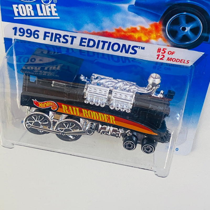 1996 Hot Wheels First Editions Rail Rodder negro con Motor Cromado 5SP con MGW base ZAMAC de Malasia Primera Edición - Detalle Burbuja