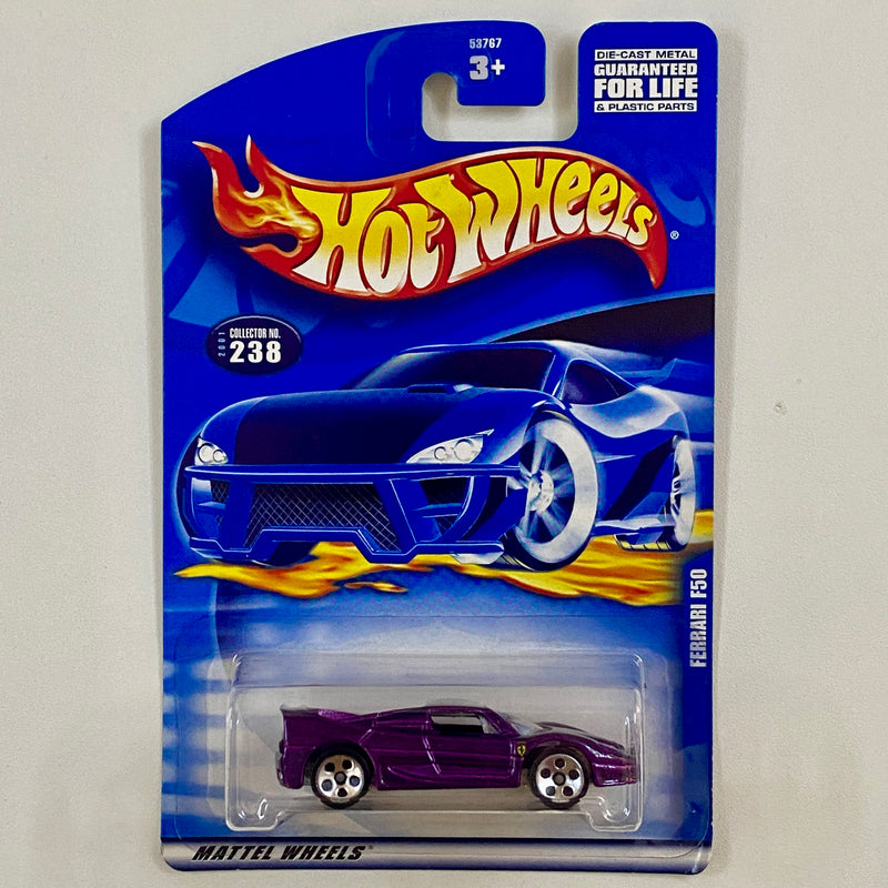 2001 Hot Wheels Ferrari F50 Challenge 238 morado metálico 5DOT base ZAMAC