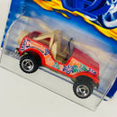 2000 Hot Wheels Roll Patrol Jeep CJ-7 199 rojo con flores hawaianas SB base ZAMAC