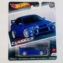 2021 Hot Wheels Premium Car Culture Modern Classics Mitsubishi Lancer Evolution VI azul metálico Llantas de Goma RR Primera Edición