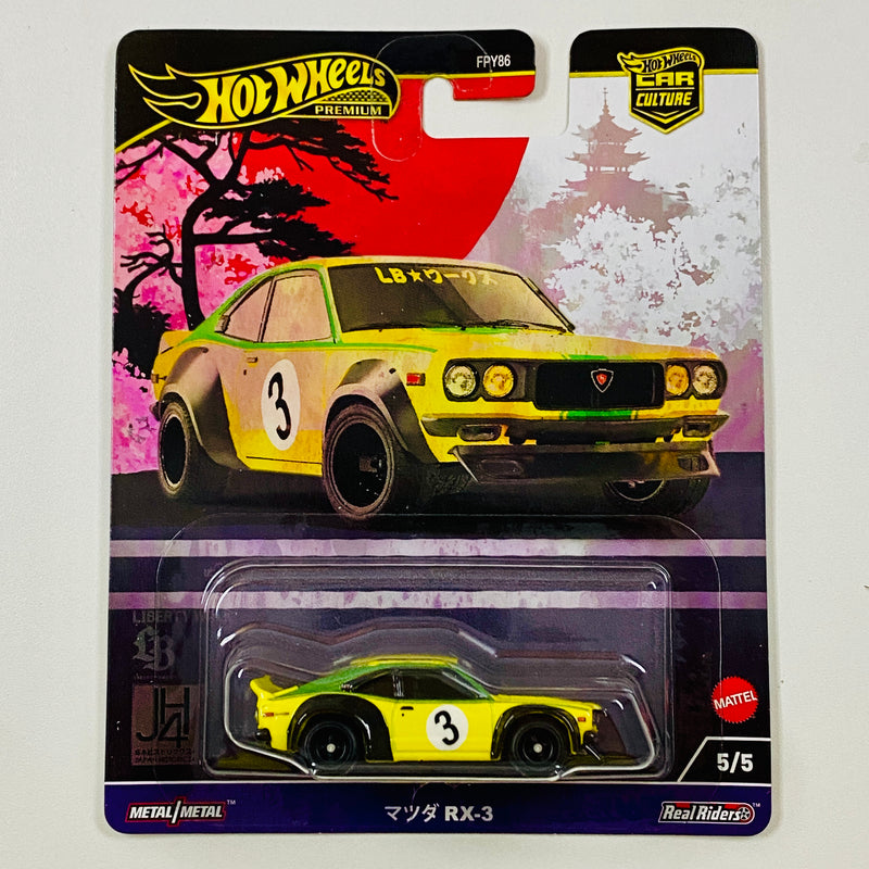 2024 Hot Wheels Premium Car Culture Japan Historics 4 Mazda RX-3 amarillo Llantas de Goma RR