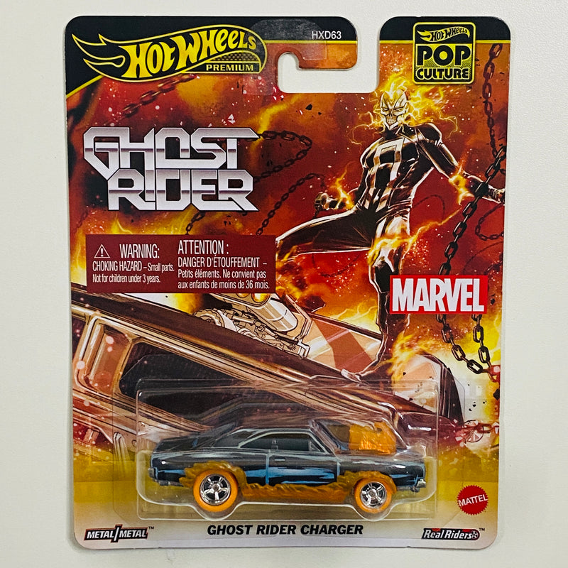 2025 Hot Wheels Premium Pop Culture Marvel Ghost Rider Charger Dodge negro con flamas Llantas de Goma RR base ZAMAC