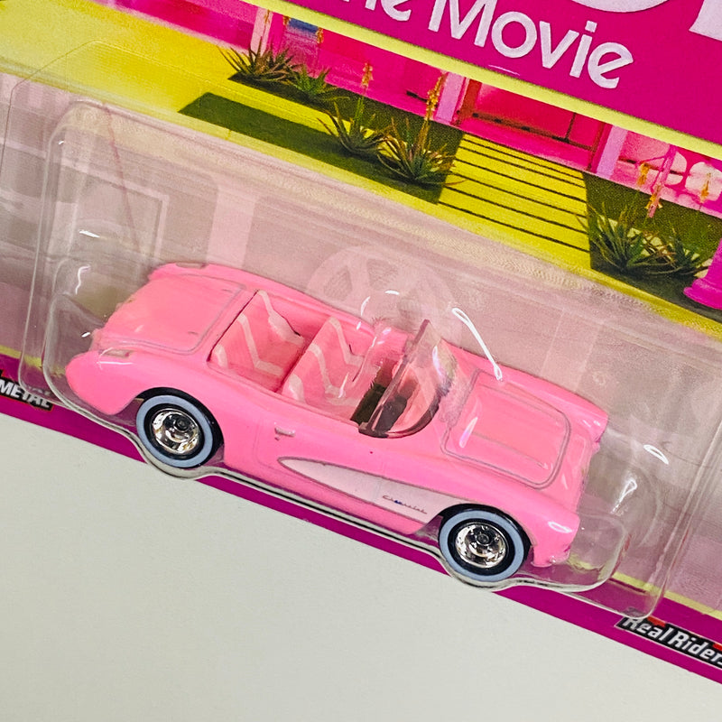 2025 Hot Wheels Premium Pop Culture Barbie The Movie 1956 Corvette Chevrolet rosado Llantas de Goma RR