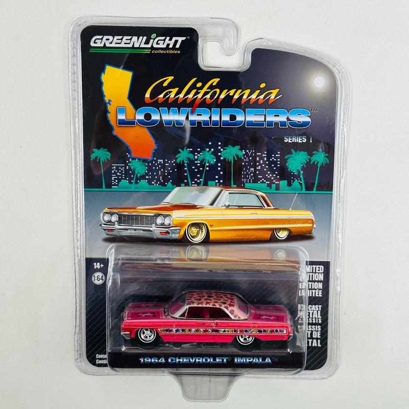 2021 Greenlight California Lowriders 1964 Chevrolet Impala rosado con rosas Llantas de Goma