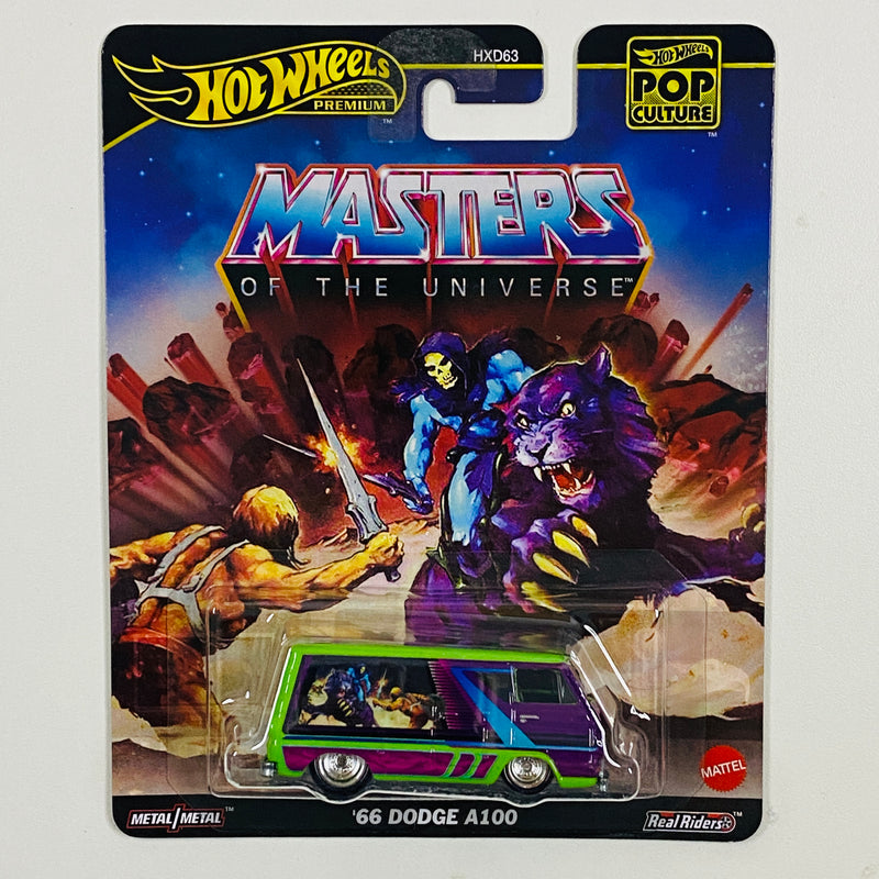 2025 Hot Wheels Premium Pop Culture Masters of the Universe He-Man 66 Dodge A100 verde Llantas de Goma RR base ZAMAC
