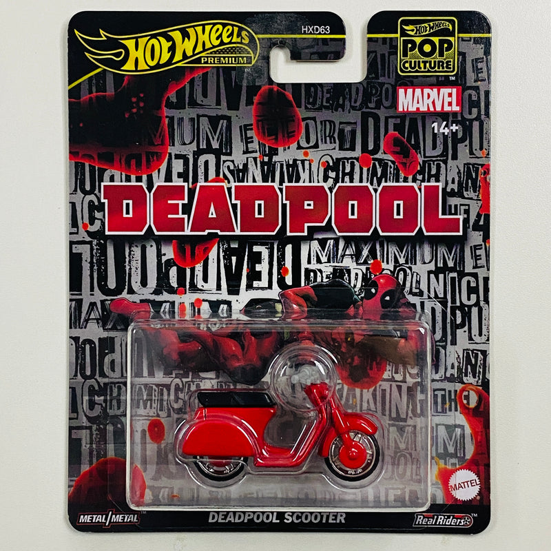 2025 Hot Wheels Premium Pop Culture Marvel Deadpool Scooter Vespa rojo Llantas de Goma RR