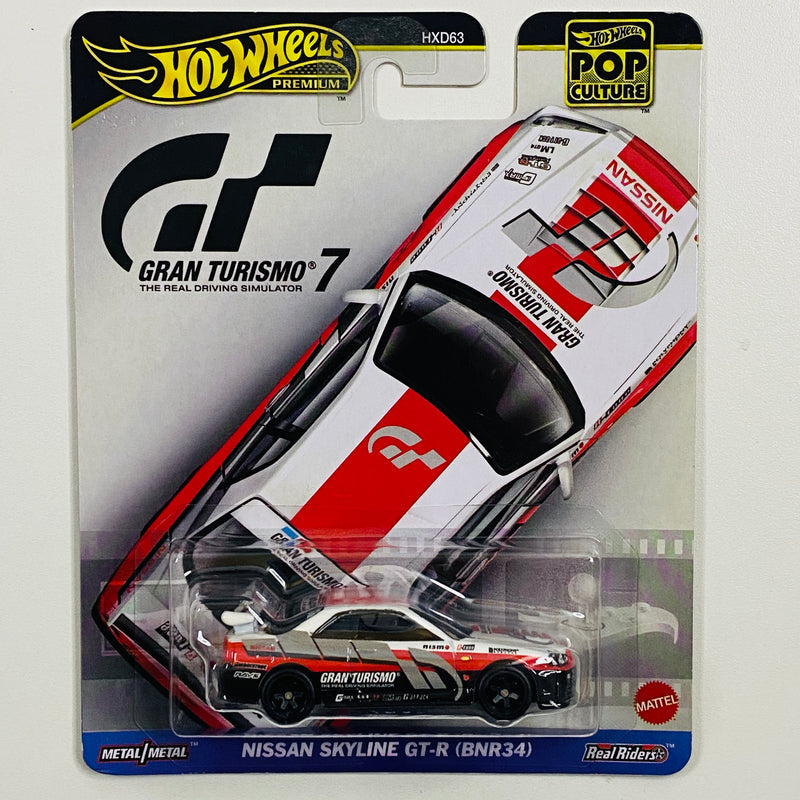 2025 Hot Wheels Premium Pop Culture Gran Turismo 7 Nissan Skyline GT-R BNR34 blanco Llantas de Goma RR