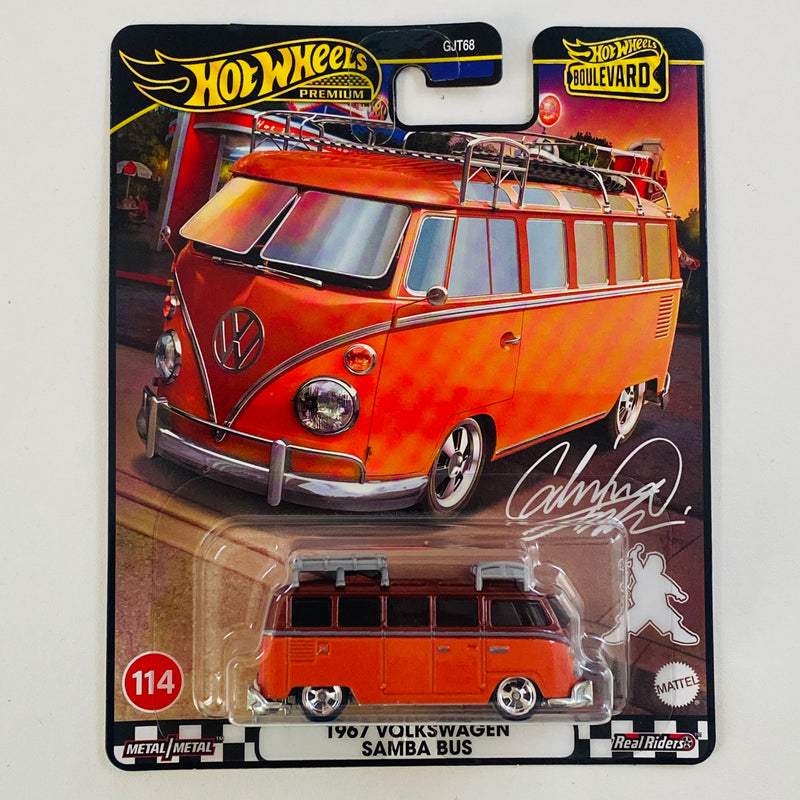 2024 Hot Wheels Premium Boulevard 1967 Volkswagen Samba Bus naranja Llantas de Goma RR base ZAMAC Primera Edición