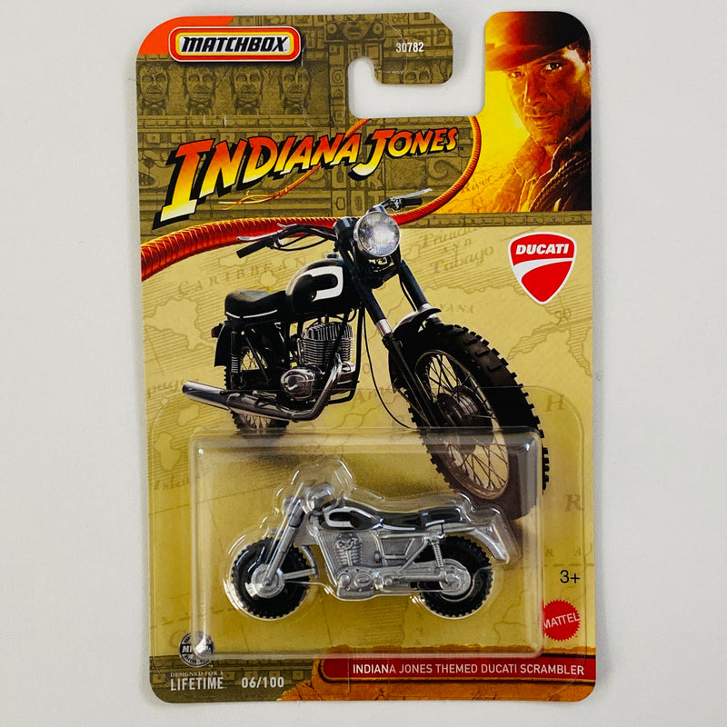 2025 Matchbox Indiana Jones Themed Ducati Scrambler negro con gris