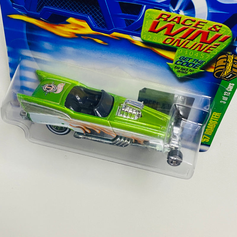 2002 Hot Wheels Treasure Hunt Chevrolet 57 Roadster verde metálico Llantas de Goma RR base ZAMAC