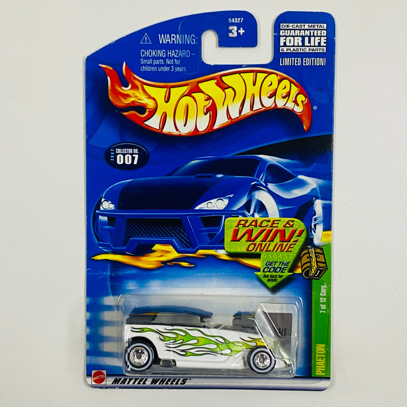 2002 Hot Wheels Treasure Hunt Phaeton Ford blanco con flamas Llantas de Goma RR base ZAMAC