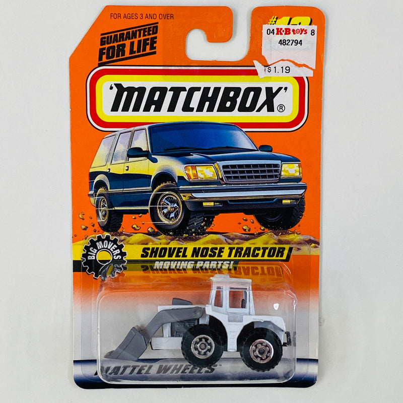 1998 Matchbox Moving Parts Big Movers Muir Hill Shovel Nose Tractor blanco con Cuchara Móvil