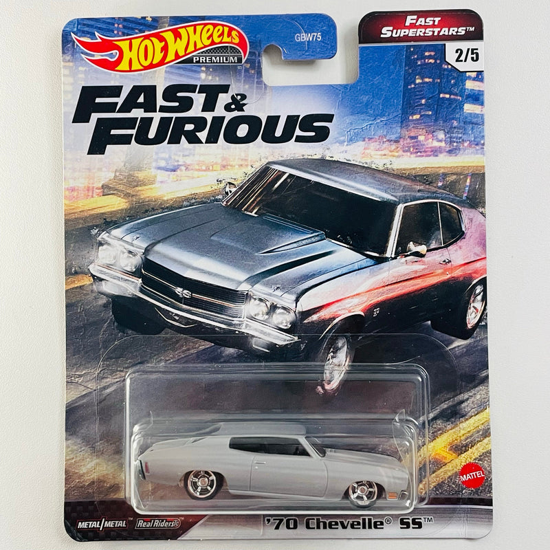 2019 Hot Wheels Premium Fast & Furious Fast Superstars Rápidos y Furiosos 70 Chevrolet Chevelle SS plata Llantas de Goma RR base ZAMAC